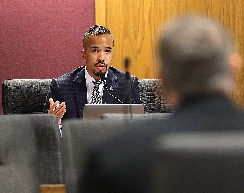 Rep. Steven Roberts, D-St. Louis, asks questions about the safety hazards of chokeholds at the Missouri House of Representatives' Special Committee on Criminal Justice hearing on Monday at the Missouri state Capitol. 