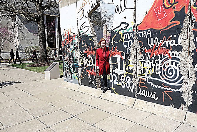 FILE: Artist Edwina Sandys, Sir Winston Churchill's granddaughter, poses with her "Breakthrough" sculpture next to the National Churchill Museum.