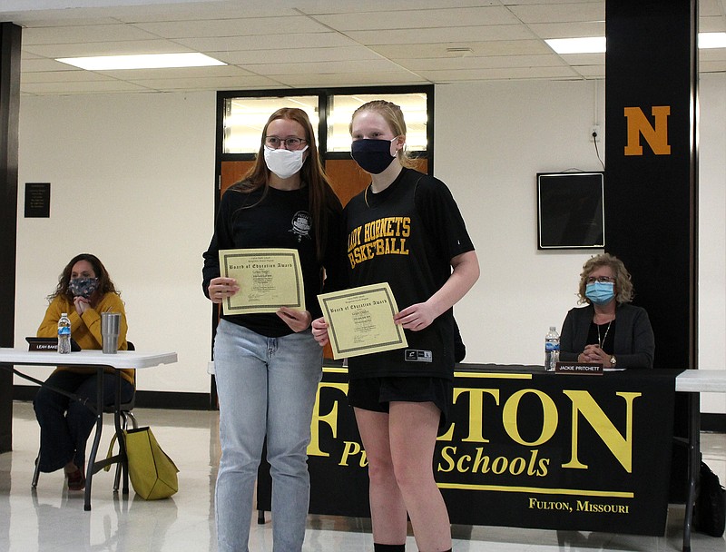 <p>FHS golfers Grace Ousley, who received sixth place all-conference, and Grace Siegel, who earned second place all-conference, eleventh place all-district and state qualification, were recognized. Olivia Garrett/Fulton Sun</p>