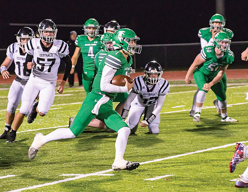 Blair Oaks quarterback Dylan Hair finds space to run Friday night in the Class 3 District 4 championship game against Centralia at the Falcon Athletic Complex in Wardsville.