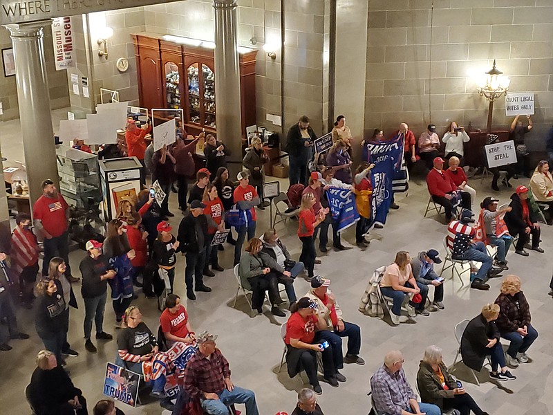 Supporters of President Donald Trump listen to speakers in the Capitol Rotunda during a rally Saturday afternoon. Organizers said people came from all across the state to attend. 