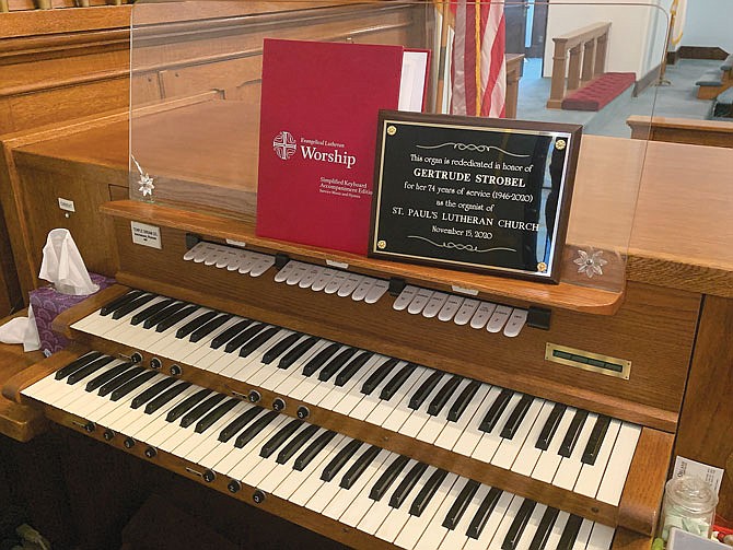 A plaque recognizing Gertrude Strobel's 74 years as the organist for St. Paul's Lutheran Church will soon be displayed to rededicate the organ in her honor.