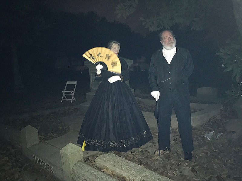 Dr. Beverly Cutrer and her husband, Tom, play the parts of Rachel and David Moores ­— both of who are now interred in Rose Hill Cemetery. Both speak about a roadway in Texarkana named after the Moores.