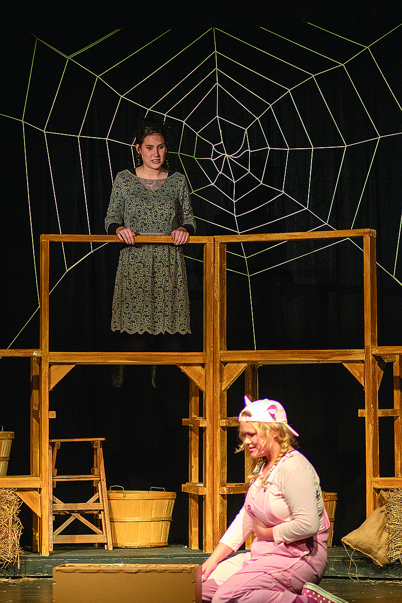 Miriam Bennett, playing Charlotte, and Erin Eppinette, playing Wilbur, act on stage during rehearsals of Silvermoon Children's Theatre's upcoming production of "Charlotte's Web" that will start this week.