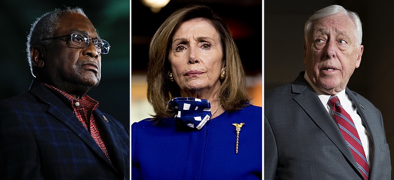 This combination of file photos shows from left, Rep. James Clyburn, D-S.C. on Feb. 29, 2020, in Columbia, S.C., House Speaker Nancy Pelosi of Calif., on July 24, 2020, in Washington and House Majority Leader Steny Hoyer, D-Md., on March 3, 2020, in Washington. Hoyer and No. 3 party leader Clyburn, Congress’ highest ranking Black member, were reelected to their positions, like Pelosi without opposition on Wednesday, Nov. 18, 2020. (AP Photo)