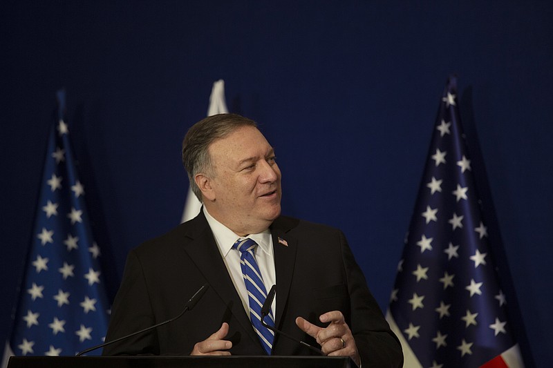 U.S. Secretary of State Mike Pompeo speaks during a joint statement with Israeli Prime Minister Benjamin Netanyahu in Jerusalem, Thursday, Nov. 19, 2020. (AP Photo/Maya Alleruzzo, Pool)