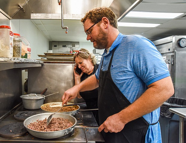 Jason and Joan Fairfax of Chez Monet in the Missouri State Capitol prepare food for the day's serving in the basement cafe. Chez Monet will be moving into the first floor of the Governor Office Building soon in preparation to reopen there.