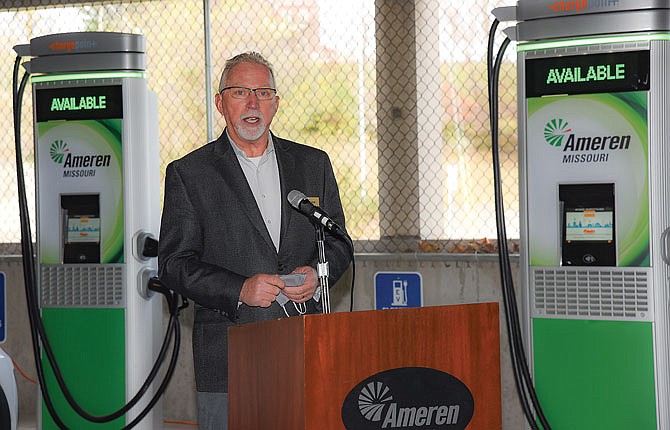 Ameren Missouri hosted a ribbon cutting Thursday, Nov. 19, 2020, to unveil three electric vehicle charging stations. They are located in the parking garage at the Courtyard by Marriott in Jefferson City at Missouri Boulevard and U.S. 50 (the site of the former St. Mary's Health Center).