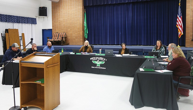 Members of the North Callaway Board of Education discuss measures to reduce COVID-19 transmission in schools and other policies Thursday night. The marathon meeting lasted three hours.
