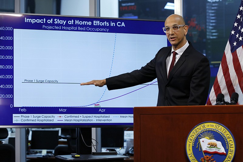 FILE - In this April 1, 2020, file photo Dr. Mark Ghaly, secretary of the California Health and Human Services, gestures to a chart showing the impact of the mandatory stay-at-home orders during a news conference ,at the Governor's Office of Emergency Services in Rancho Cordova, Calif. On Saturday, California will impose another, partial overnight curfew to stem a recent surge in coronavirus cases. Ghaly said that about 12% of the new cases will be hospitalized in coming weeks, and the cumulative increase could soon threaten to swamp the state's healthcare system as it has in other states. The curfew will run from 10 p.m. to 5 a.m. (AP Photo/Rich Pedroncelli, Pool, File)