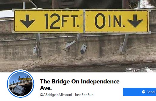 This screenshot shows a satirical Facebook page which pays tribute to a railroad overpass on Independence Avenue in Kansas City, Missouri. The overpass is a mere 12-feet above the roadway and frequently snags trucks that won't fit underneath it.