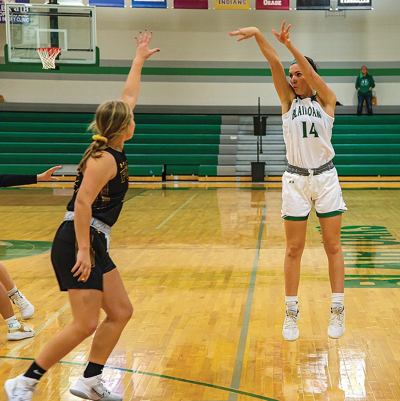 Mallorie Fick of Blair Oaks attempts a 3-pointer early in Monday night's game against Fulton in Wardsville.