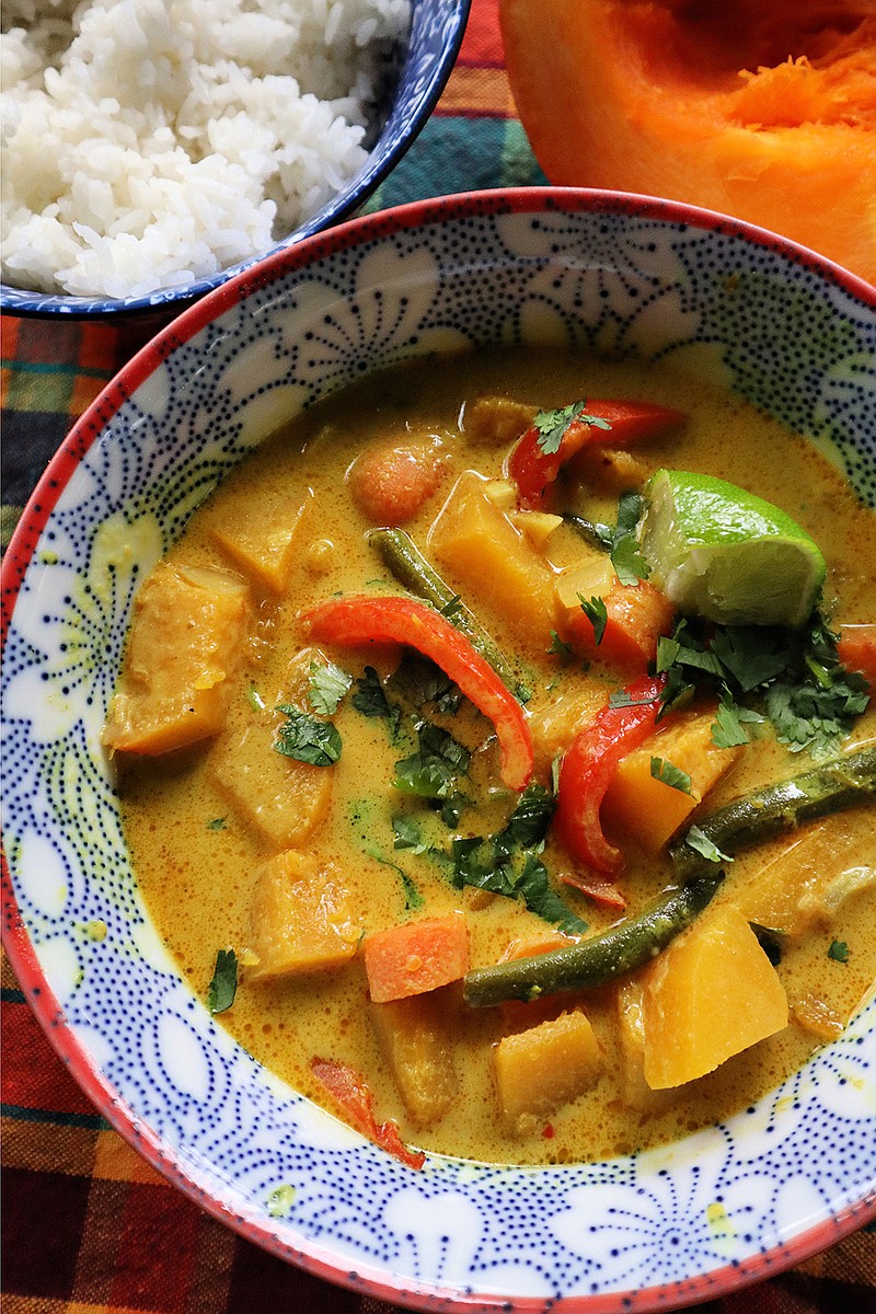 Thai pumpkin curry is made with cubed 'Touch of Autumn' pumpkin, coconut milk and red curry paste. Green beans and bell pepper add crunch. (Gretchen McKay/Pittsburgh Post-Gazette/TNS)