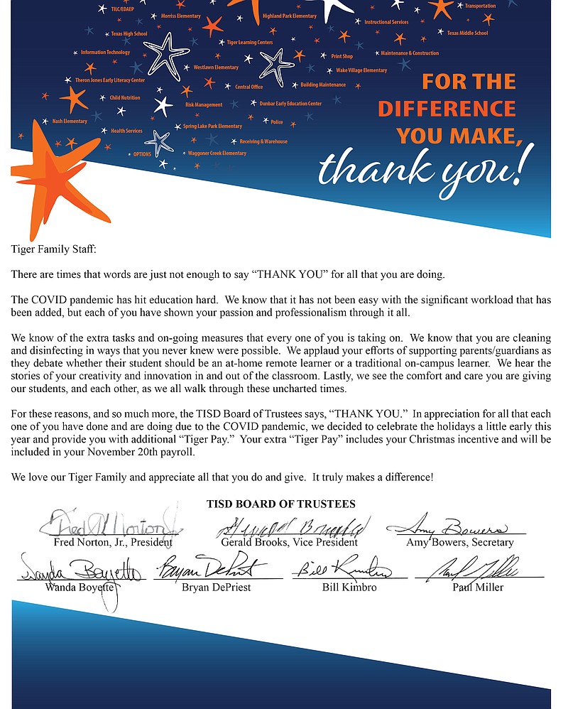 TISD Gives Out Pandemic Bonus To Staff Members TISD Gives Out Pandemic Bonus To Staff Members