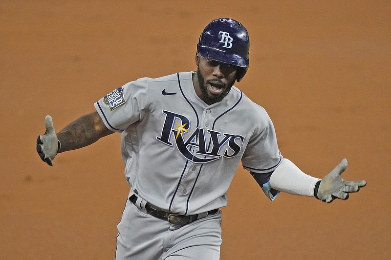 Randy Arozarena of the Rays celebrates a home run during the first inning in Game 6 of the World Series against the Dodgers last month in Arlington, Texas.