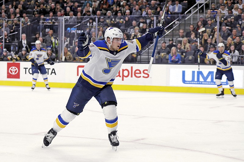 Blues forward Ivan Barbashev celebrates his goal during game last season against the Golden Knights in Las Vegas.