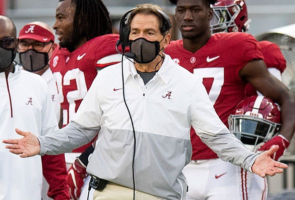 Alabama coach Nick Saban gestures during last Saturday's game against Kentucky in Tuscaloosa, Ala.