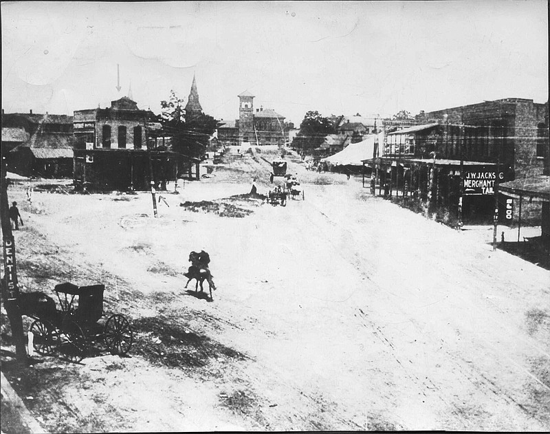 The view looking north on State Line Avenue, circa 1893, in downtown Texarkana. On Saturday, an evening walking tour will focus on this part of the original city. (Photo courtesy of Texarkana Museums System Wilbur Smith Archives)
