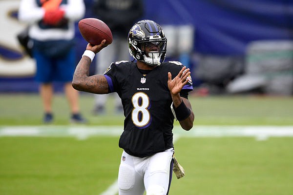 Ravens quarterback Lamar Jackson throws a pass during last Sunday's game against the Titans in Baltimore.