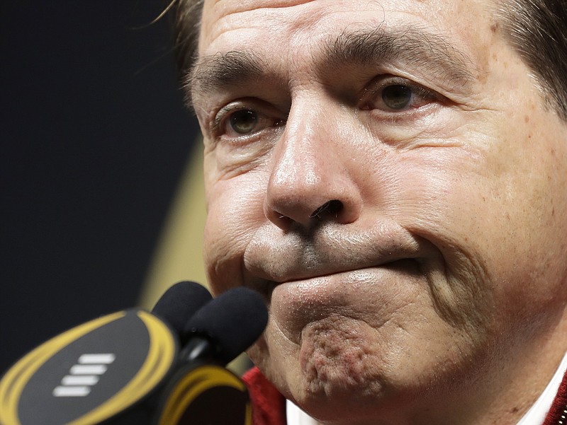 In this Jan. 5, 2019, file photo, Alabama coach Nick Saban speaks during media day for the College Football Playoff championship game in Santa Clara, Calif.