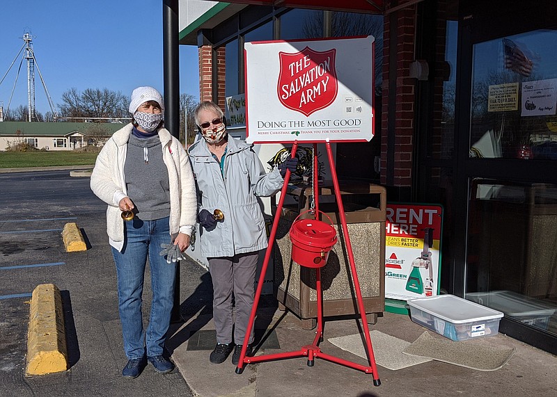 Cousins Darlene Behlmann, left, and Ginger Beasley ring bells for the Callaway County Salvation Army on Nov. 27, 2020.
