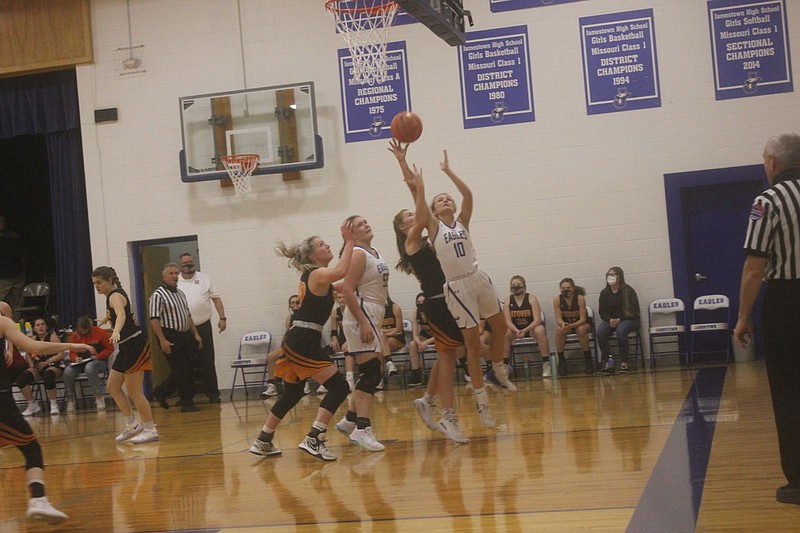 <p>Democrat photo/Kevin Labotka</p><p>The Jamestown girls basketball team lost a close game Dec. 8 to Stover 48-42.</p>