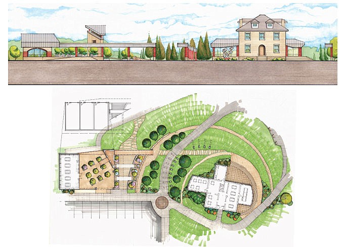 A rendering from the Jefferson City botanical garden master plan shows potential development around the existing Caretaker's House at Ellis-Porter Riverside Park — shown with renovations on the far right of the top image. This area would become the core of the garden.