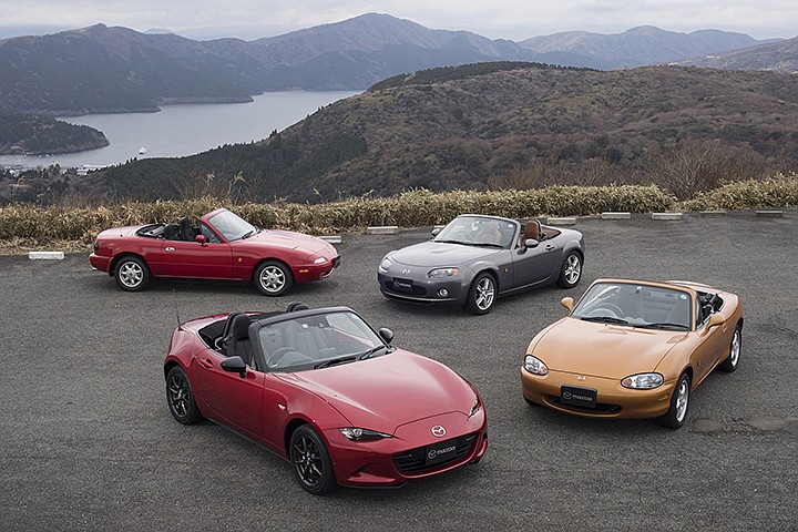 The first, second, third and fourth generations of the Mazda MX-5 are shown. Photo courtesy of Mazda
