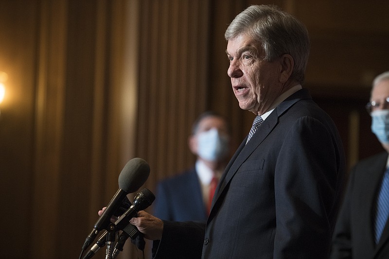 Sen. Roy Blunt, R-Mo., speaks during a news conference with other Senate Republicans on Capitol Hill in Washington, Tuesday, Dec. 15, 2020. (Rod Lamkey/Pool via AP)
