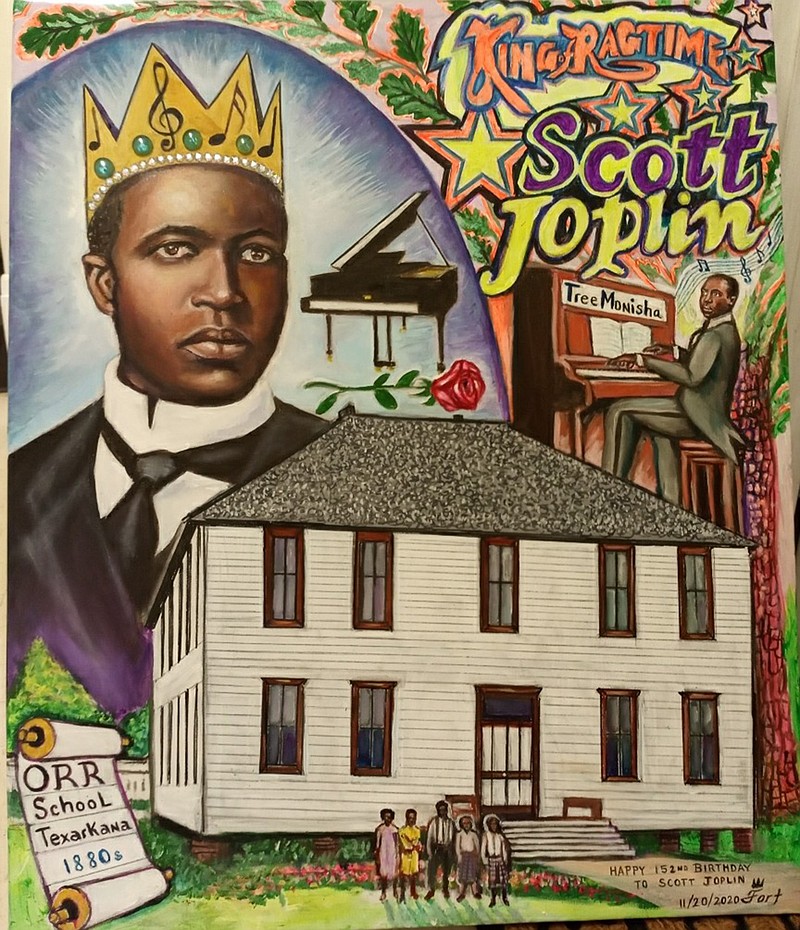 The H. M. Fort Jr. painting "Scott Joplin at Orr School Texarkana" has arrived after following a circuitous route to Texarkana when shipped. Carol Collins-Miles, a board member for the Regional Music Heritage Center, said the painting, which is being auctioned as part of the annual Texarkana celebration of Joplin's birthday, was apparently misplaced along the way but has now safely arrived. As of Friday, the painting was being placed on a custom frame at Turner's Framing in Texarkana, Collins-Miles said. Once finished, the painting will be displayed at the 1894 Gallery to be exhibited for a silent auction. The current bid is $500. The auction will benefit the Skyscape "Music In the Air" Project, which places lighted, sculpted metal as musically-themed art on top of downtown buildings. That project is jointly organized by the Scott Joplin Support Group and Main Street Texarkana. (Submitted photo)