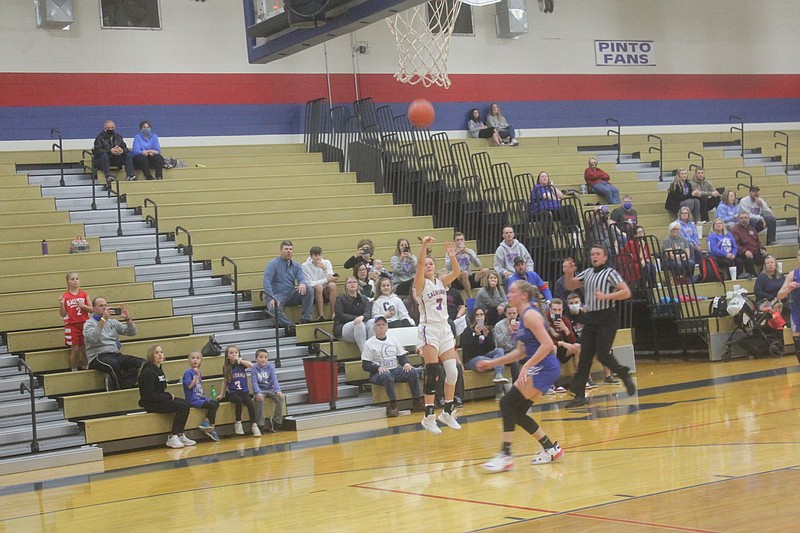 <p>Democrat photo/Kevin Labotka</p><p>Tristan Porter shoots a three-pointer Dec. 19 during the Pintos’ win against Montgomery County.</p>