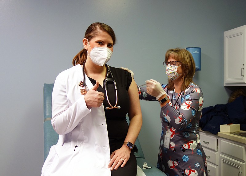 Dr. Amy Apodaca, chief of staff for the Fulton Medical Center, was the first Callaway County physician to receive the COVID-19 vaccine Wednesday, administered by registered nurse Stephanie Woods. In total, the Callaway County Health Department has obtained 100 doses of the vaccine.