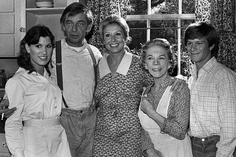 The cast of "The Waltons," including Judy Norton Taylor, left, Ralph Waite, Michael Learned, Ellen Corby, and Eric Scott.