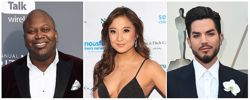 This combination of file photos shows from left to right, Tituss Burgess, Ashley Park and Adam Lambert. The entertainers are performing in TikTok's crowdsourced "Ratatouille" musical. The one-night-only benefit concert will begin streaming on Friday, Jan. 1, 2021 at 7 p.m. ET for 72 hours. Proceeds will benefit The Actors Fund, which aids entertainment industry workers.  (AP Photo)