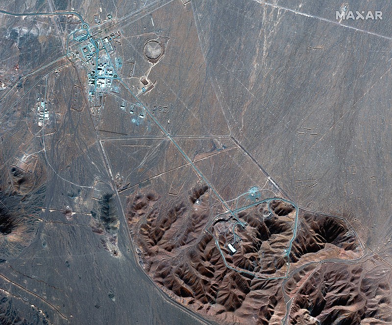 This Nov. 4, 2020, file satellite photo by Maxar Technologies shows Iran's Fordo nuclear site. Iran has told international nuclear inspectors it plans to enrich uranium up to 20% at its underground Fordo nuclear facility, a technical step away from weapons-grade levels, as it increases pressure on the West over its tattered atomic deal. (Maxar Technologies via AP, File)