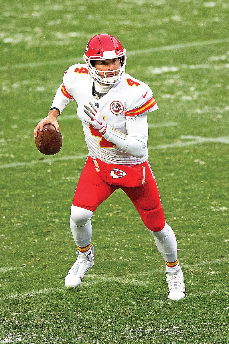 In this Oct. 25, 2020, file photo, Chiefs backup quarterback Chad Henne looks to pass during the second half of a game against the Broncos in Denver.