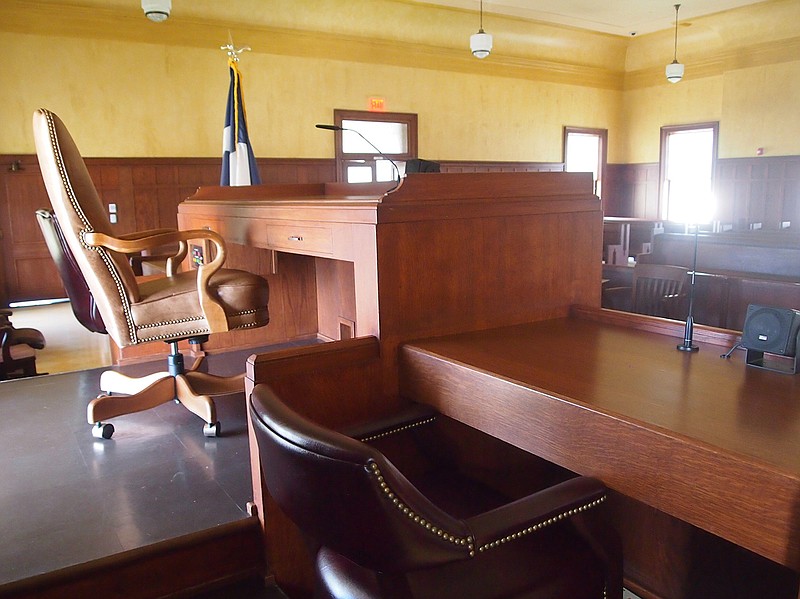 The judge's seat is pictured in the Cass County courtroom of the state's oldest courthouse in continuous use. The distinguished seat is refined and stately, having been restored to its 1934 condition.