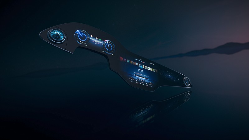 In this undated handout image provided by Mercedes-Benz, a new MBUX Hyperscreen is pictured. The new electric sedan from Mercedes will replace the conventional dashboard with a screen that extends almost the width of the car. (Mercedes-Benz via AP)