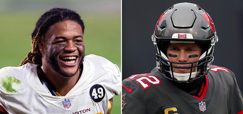 At left is a 2020 file photo showing Washington Football Team defensive end Chase Young. At right is a 2021 file photo showing Tampa Bay Buccaneers quarterback Tom Brady. Tom Brady plays his first NFL playoff game not in a New England Patriots uniform when he and the Tampa Bay Buccaneers visit defensive rookie of the year frontrunner Chase Young and NFC East champion Washington in the wild card round. Young said after clinching a spot that he wanted Brady, and now he'll get that chance. (AP Photo/File)