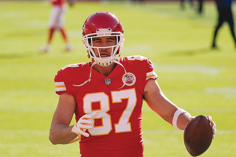 Chiefs tight end Travis Kelce warms up prior to last month's game against the Falcons at Arrowhead Stadium.