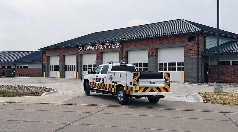 A Callaway EMS vehicle pulls into the new ambulance district headquarters near Tanglewood. The facility has six ambulance bays and ample storage room.