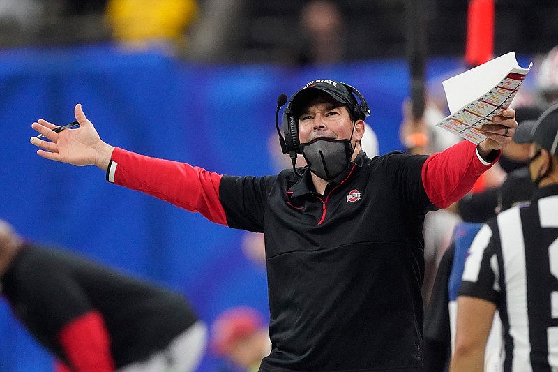 In this Jan. 1, 2021, file photo, Ohio State head coach Ryan Day reacts during the second half of the Sugar Bowl NCAA college football game against Clemson in New Orleans. No. 3 Ohio State, which faces the top-ranked Crimson Tide on Monday, Jan. 11, 2021, in the College Football Playoff national championship game, has undergone an offensive evolution in recent years. (AP Photo/John Bazemore, File)