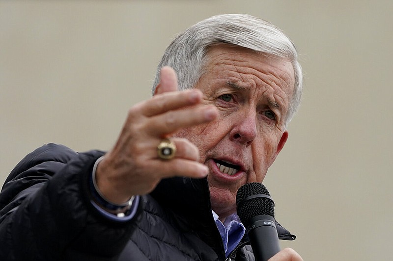 In this Oct. 25, 2020 file photo, Missouri Gov. Mike Parson speaks during a campaign rally at a gun store in Lees Summit, Mo. 