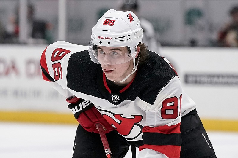 FILE - In this Sunday, March 1, 2020, file photo, New Jersey Devils center Jack Hughes plays against the Anaheim Ducks during the first period of an NHL hockey game in Anaheim, Calif. For the teams that missed the 2020 playoffs, they've spent the past 10 months waiting for the compressed 56-game 2021 season. (AP Photo/Chris Carlson, File)