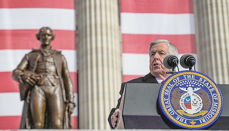 Gov. Mike Parson, Missouri's 57th governor, addresses the crowd Monday during inauguration ceremonies.