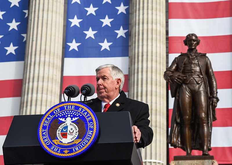 Gov. Mike Parson speaks at the Inauguration ceremonies at Missouri's Capitol on Monday. Parson was hopeful upon being sworn in fora full term as Missouri's 57th governor, recognizing the hard times the past year has brought.