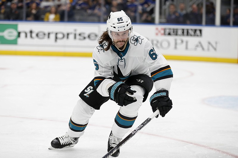 In this Jan. 7, 2020, file photo, Erik Karlsson of the Sharks skates during the second period of a game against the Blues in St. Louis. For the teams that missed the 2020 playoffs, they've spent the past 10 months waiting for the compressed 56-game 2021 season.