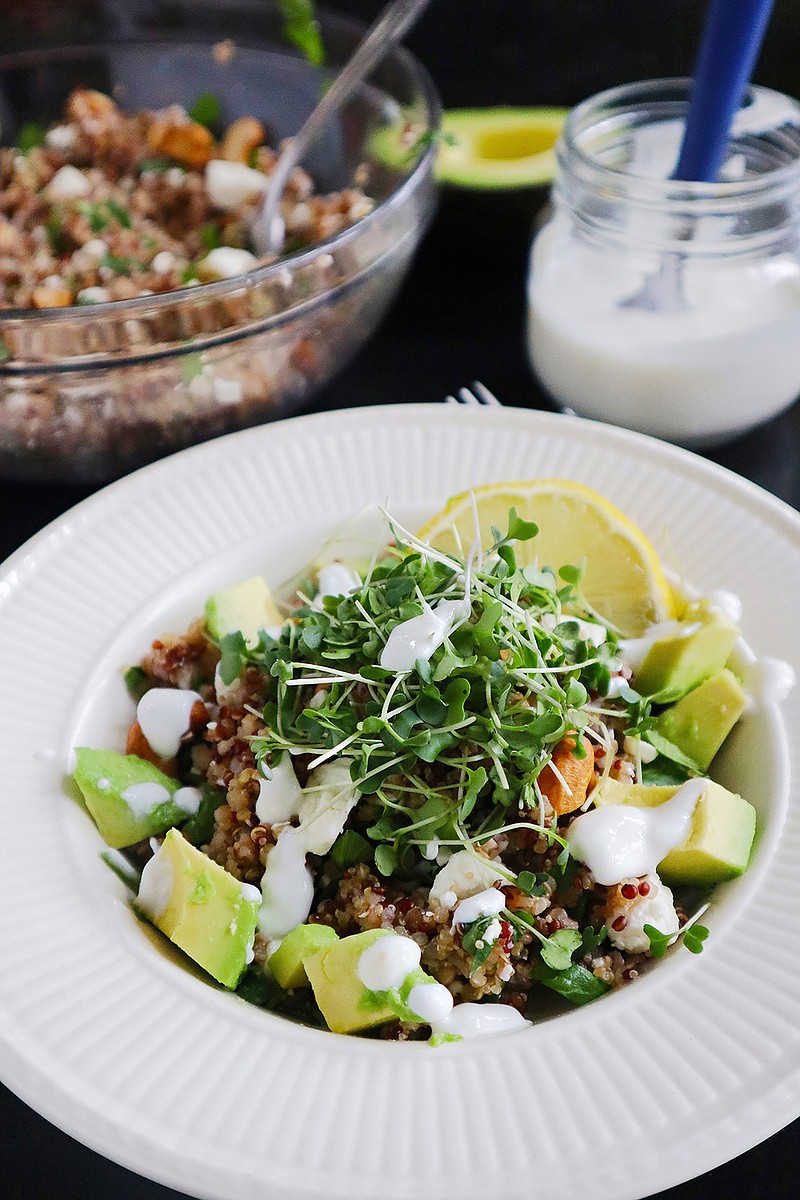 Garnished with avocado and broccoli microgreens, this "ancient" grain bowl is a snap to compose and makes a nutritious (and satisfying) breakfast, lunch, or dinner. (Gretchen McKay/Pittsburgh Post-Gazette/TNS)