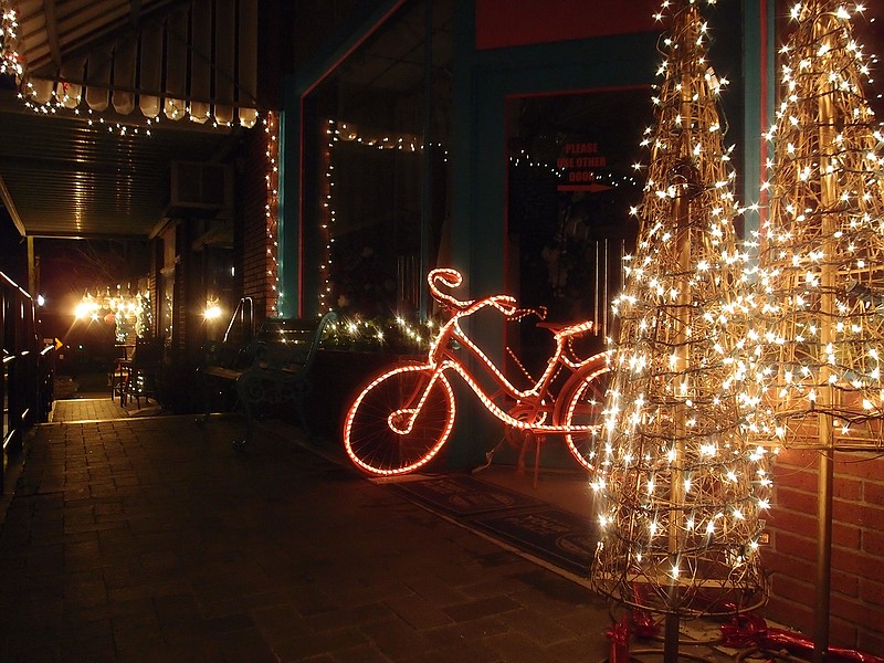 A bike at Carla's Flowers and Gifts on the square in Linden is certainly all lighted up.