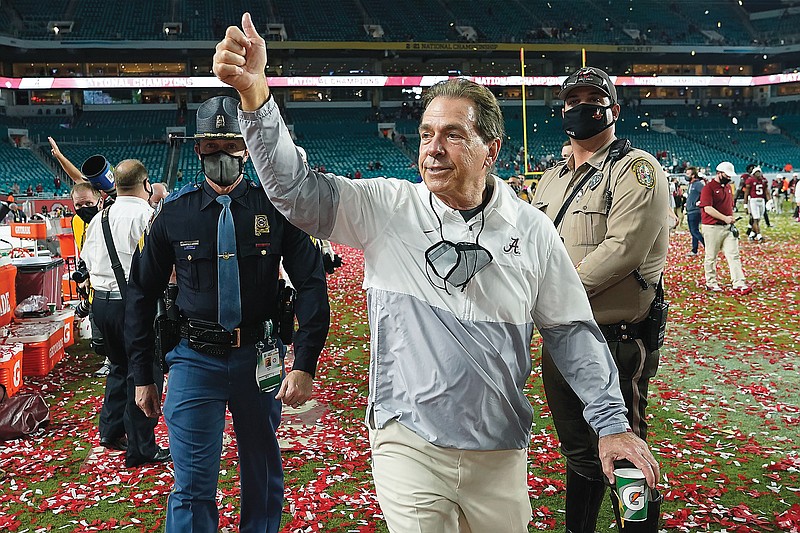 Alabama coach Nick Saban leaves the field early Tuesday morning after a 52-24 win against Ohio State in the College Football Playoff national championship game in Miami Gardens, Fla.